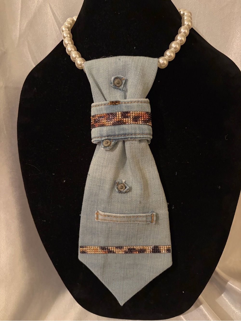 Denim Blue Beaded Accent Necklace Tie